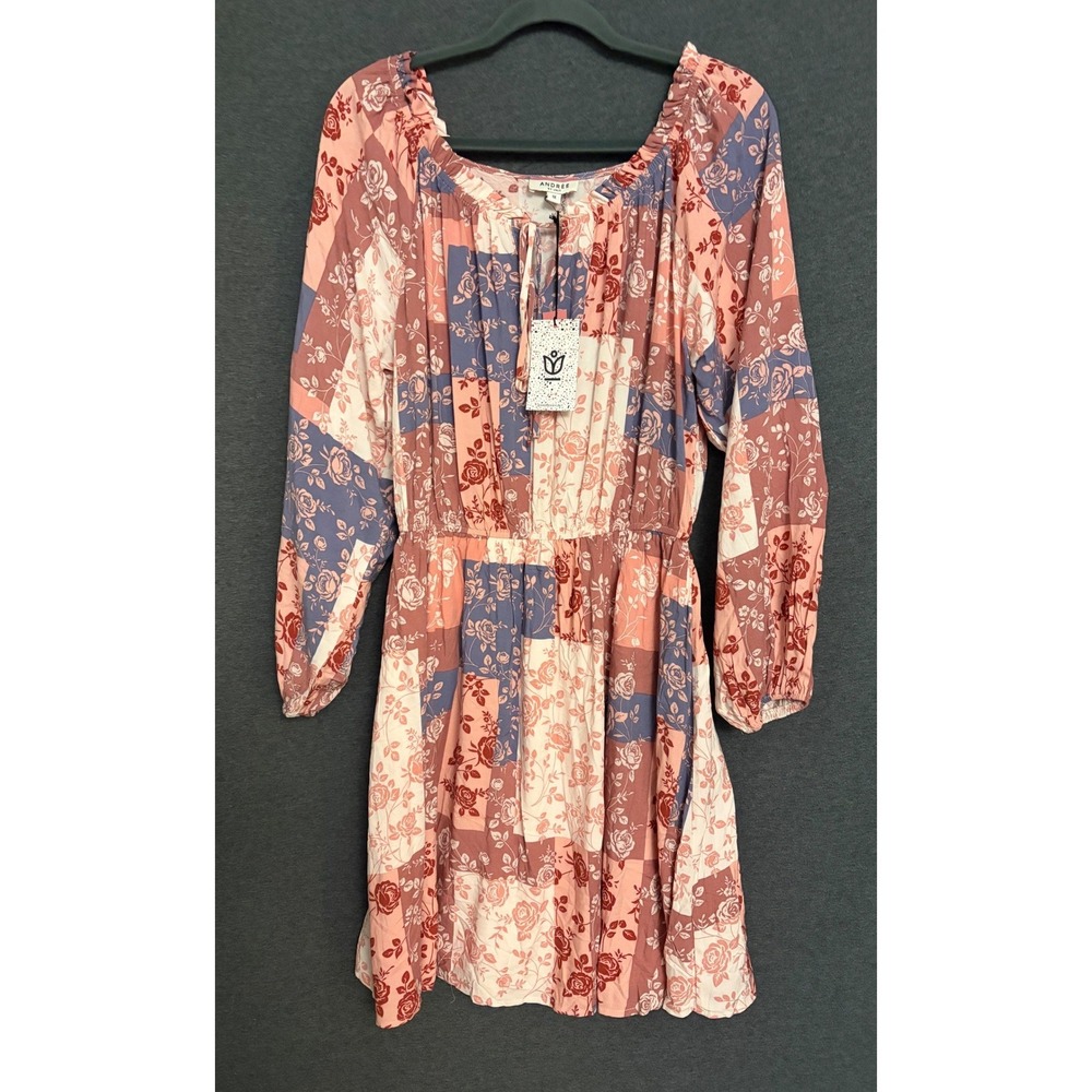 New Andree Floral Patchwork Boho Peasant Short Dress Pink Blue 1X XL Lightweight